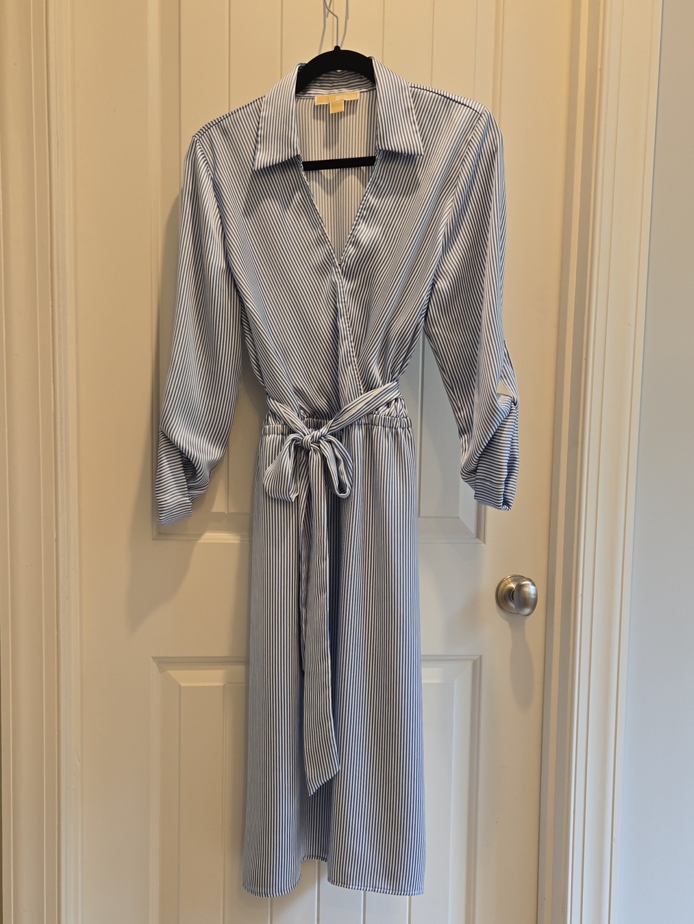 Michael Kors Light Blue and White Pinstripe Wrap Dress